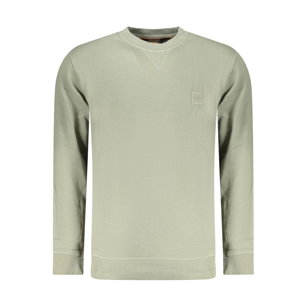 Sweat-shirt vert en coton pour homme de Hugo Boss, détail du col et logo discret, porté pour un look décontracté.
