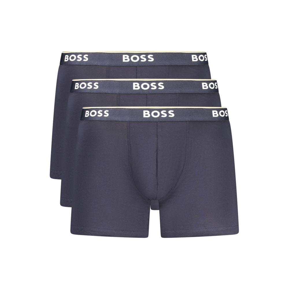 Boxers pour hommes en coton bleu de la marque Hugo Boss, avec ceinture élastique et logo visible.