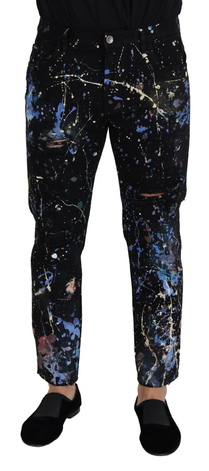 Jeans en denim noir Dolce & Gabbana avec éclaboussures de couleur, en coton, style décontracté et tendance.