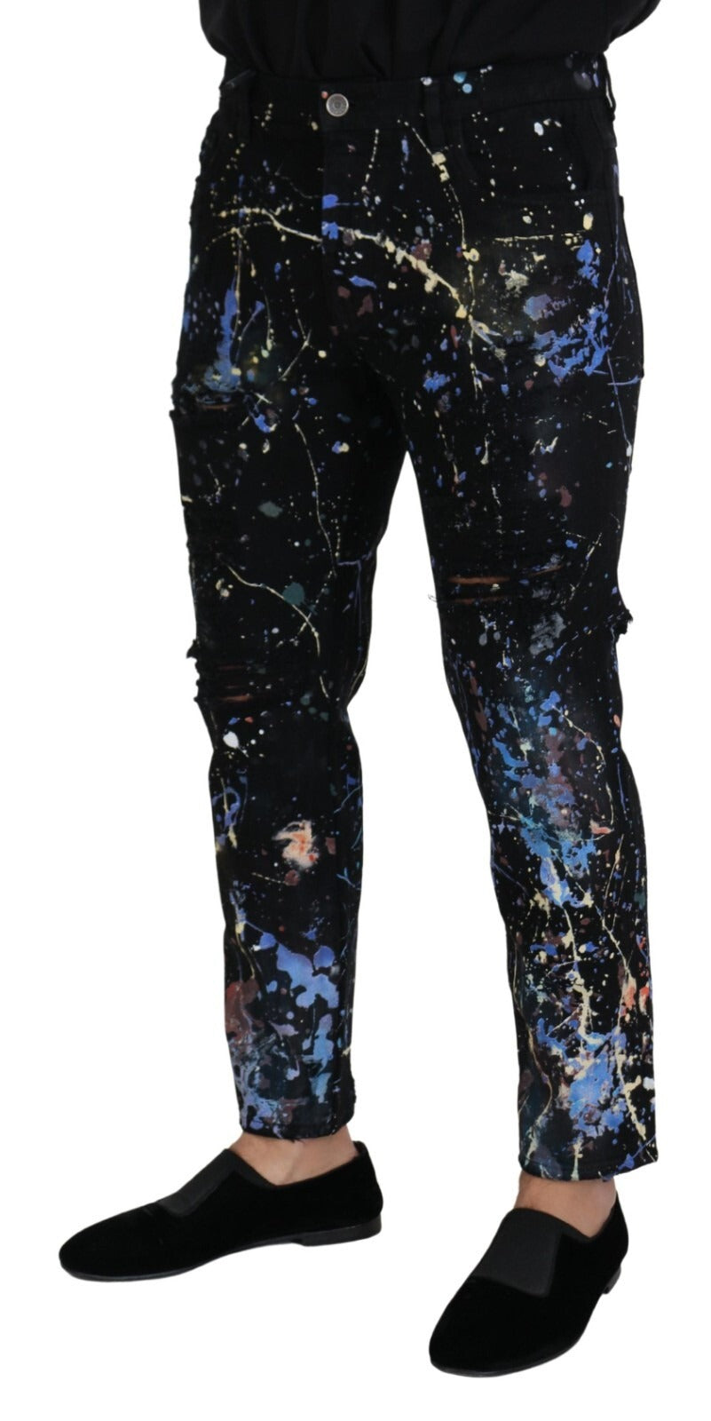 Jeans en denim noir Dolce & Gabbana avec éclaboussures de couleur, en coton, mode décontractée et tendance