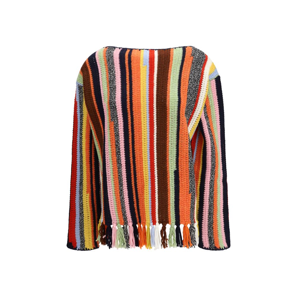 Sweat-shirt en laine multicolore Prada avec logo, porté sur un mannequin, style décontracté et moderne.