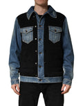 Blouson pour homme en coton denim noir et bleu de Dolce & Gabbana, veste élégante avec fermeture à boutons et col classique.