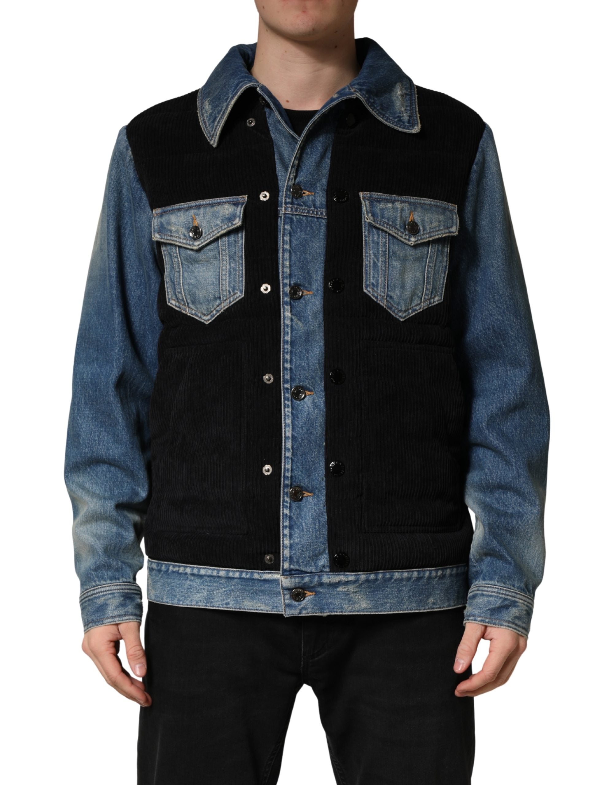 Blouson pour homme en coton denim noir et bleu de Dolce & Gabbana, veste élégante avec fermeture à boutons et col classique.