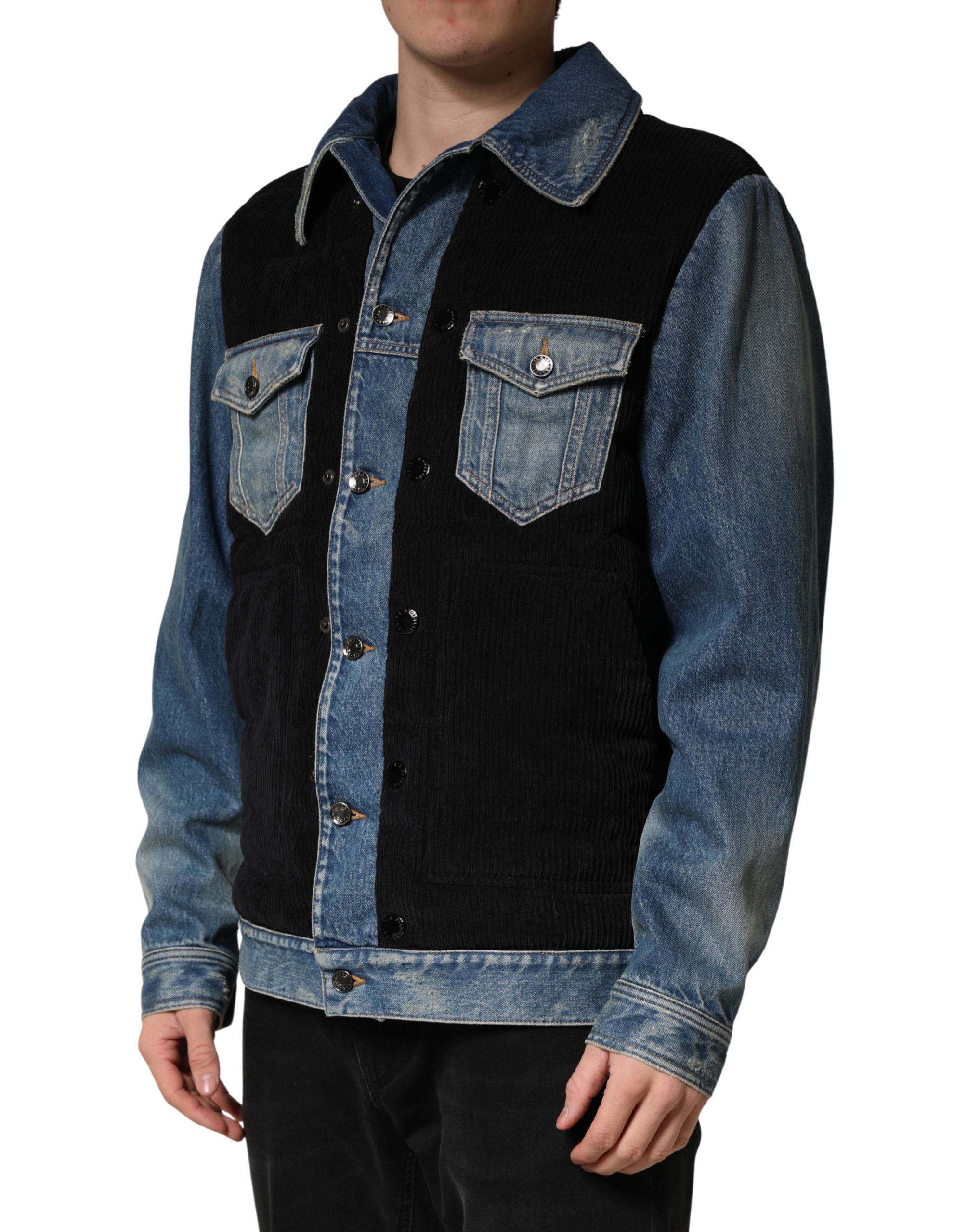 Veste en denim coton noir et bleu pour homme de Dolce & Gabbana, style blouson avec détails modernes.