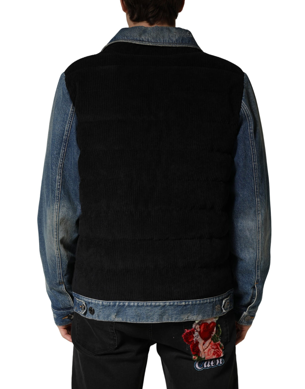 Blouson homme Dolce & Gabbana en denim coton noir et bleu, veste élégante avec fermeture éclair et col montant.