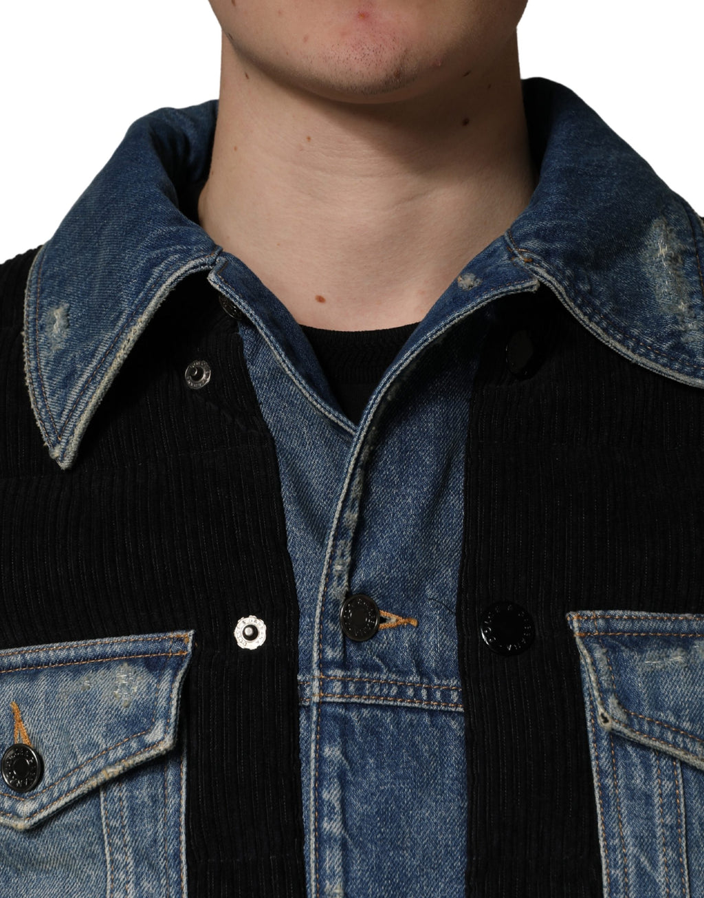 Veste en jean en coton noir et bleu de Dolce & Gabbana pour homme, style blouson décontracté avec détails modernes.