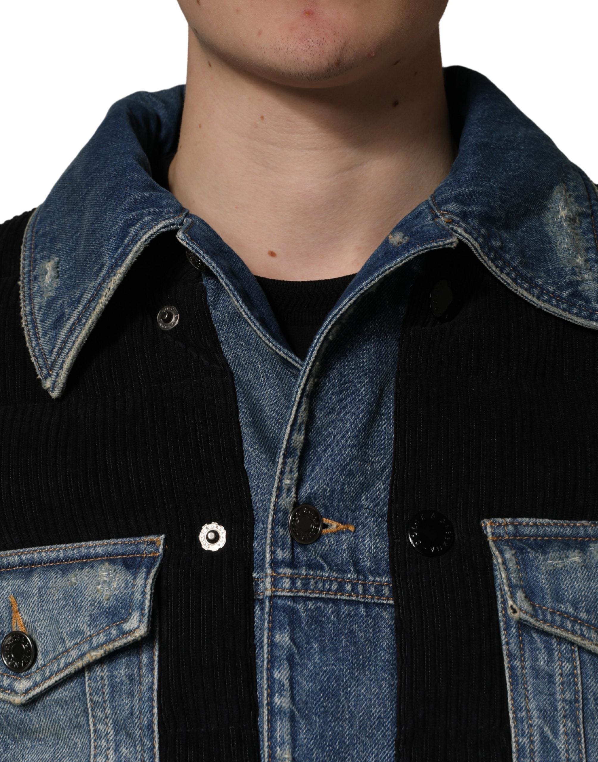 Veste en jean en coton noir et bleu de Dolce & Gabbana pour homme, style blouson décontracté avec détails modernes.