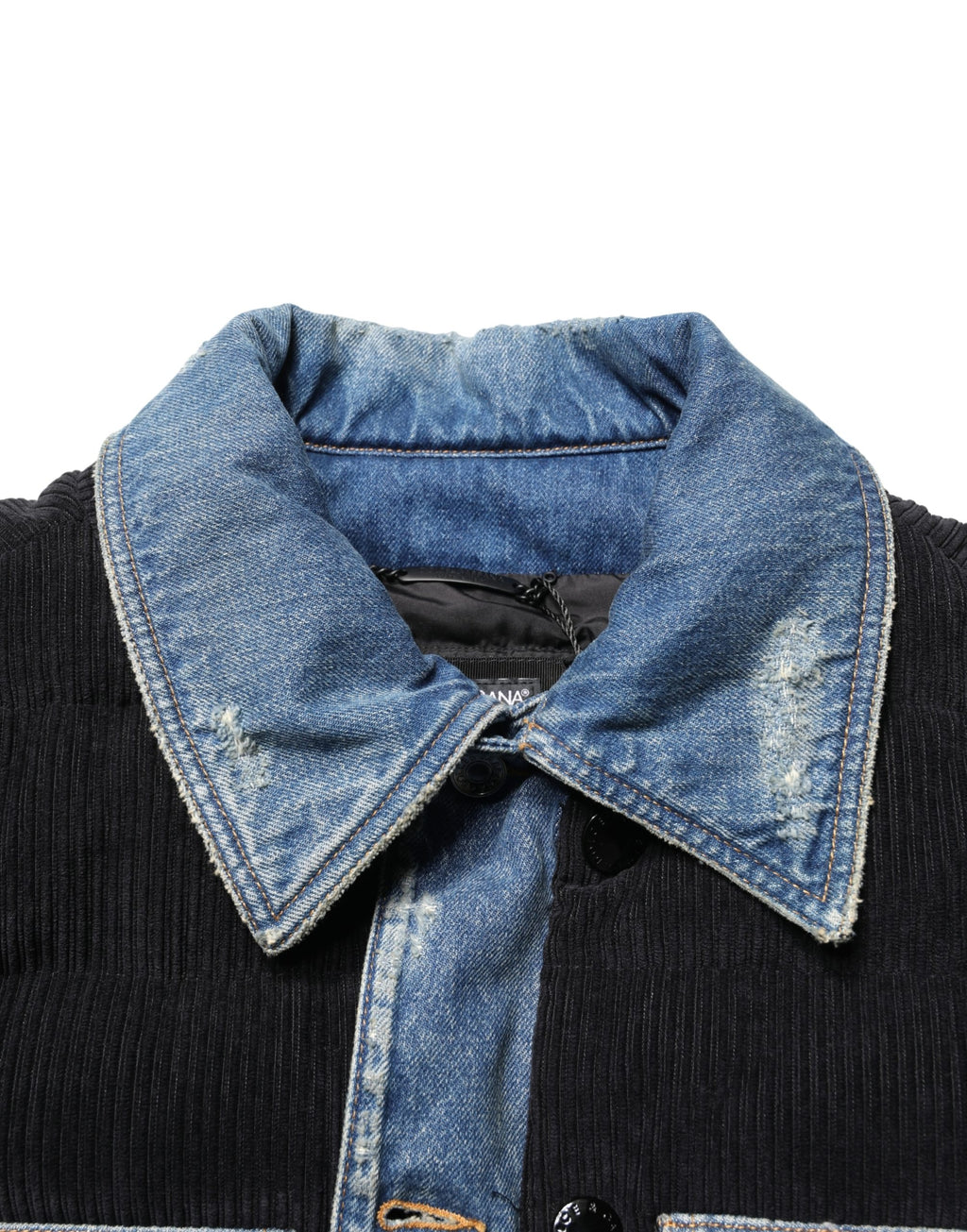 Veste homme Dolce & Gabbana en denim coton noir et bleu, style blouson avec fermeture éclair et col montant.