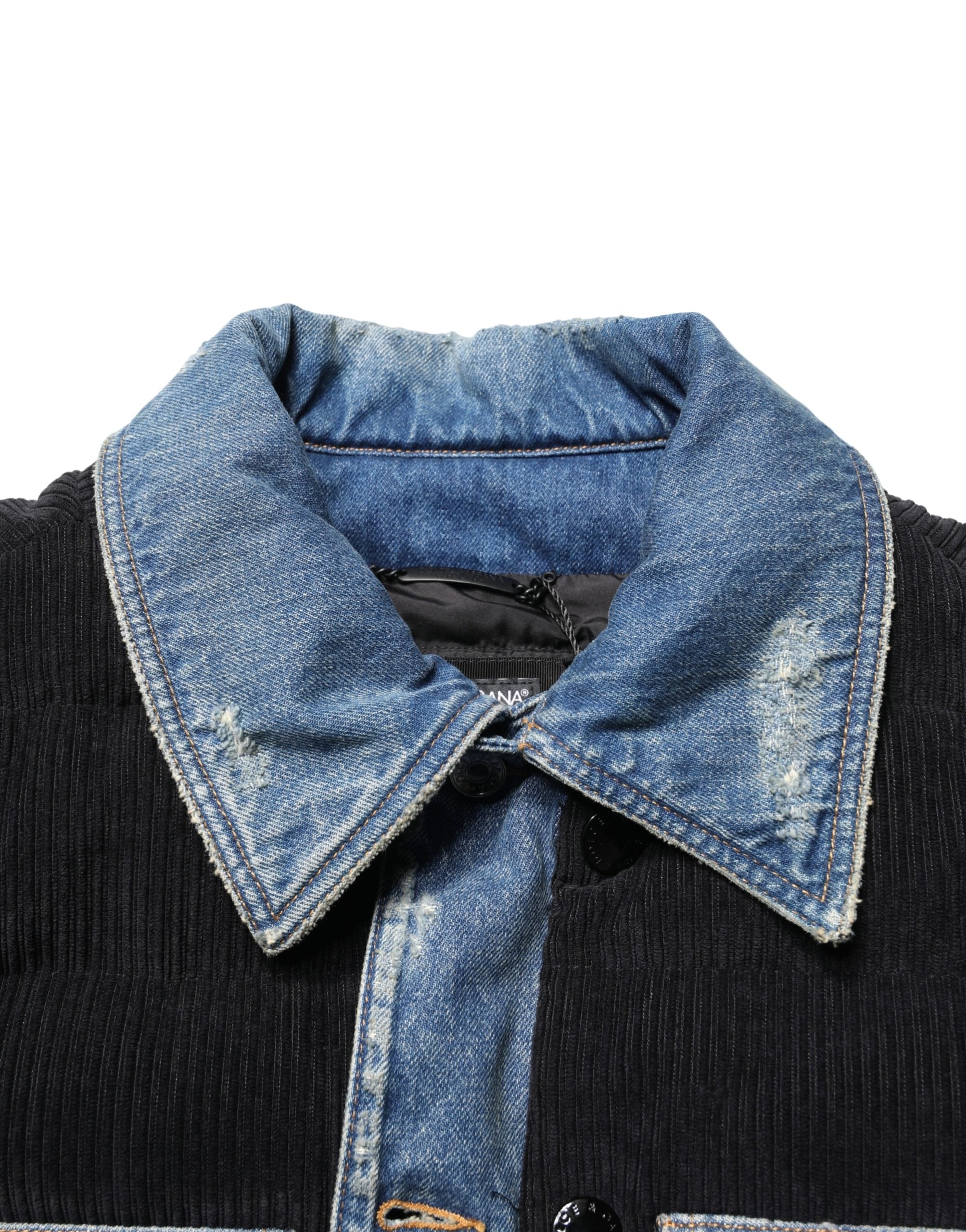 Veste homme Dolce & Gabbana en denim coton noir et bleu, style blouson avec fermeture éclair et col montant.