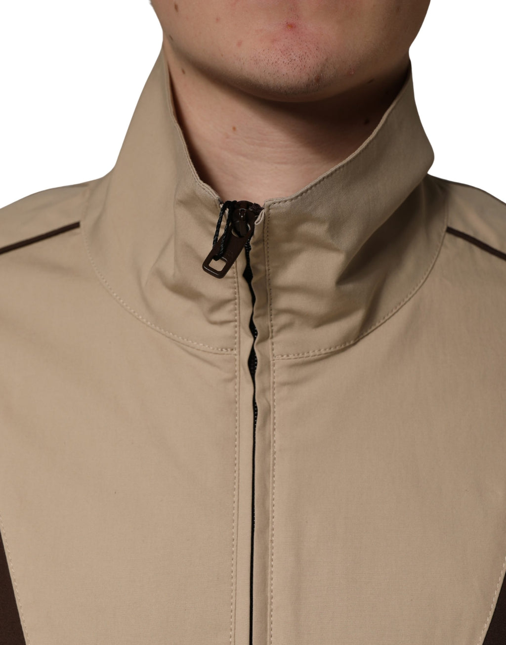 Veste coupe-vent en coton marron et beige de Dolce & Gabbana, avec fermeture éclair et design élégant.
