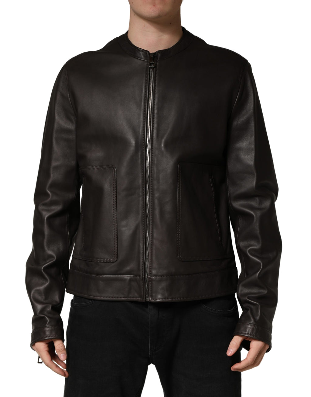 Veste biker noire en cuir d'agneau Dolce & Gabbana avec fermeture éclair intégrale, style élégant et moderne.