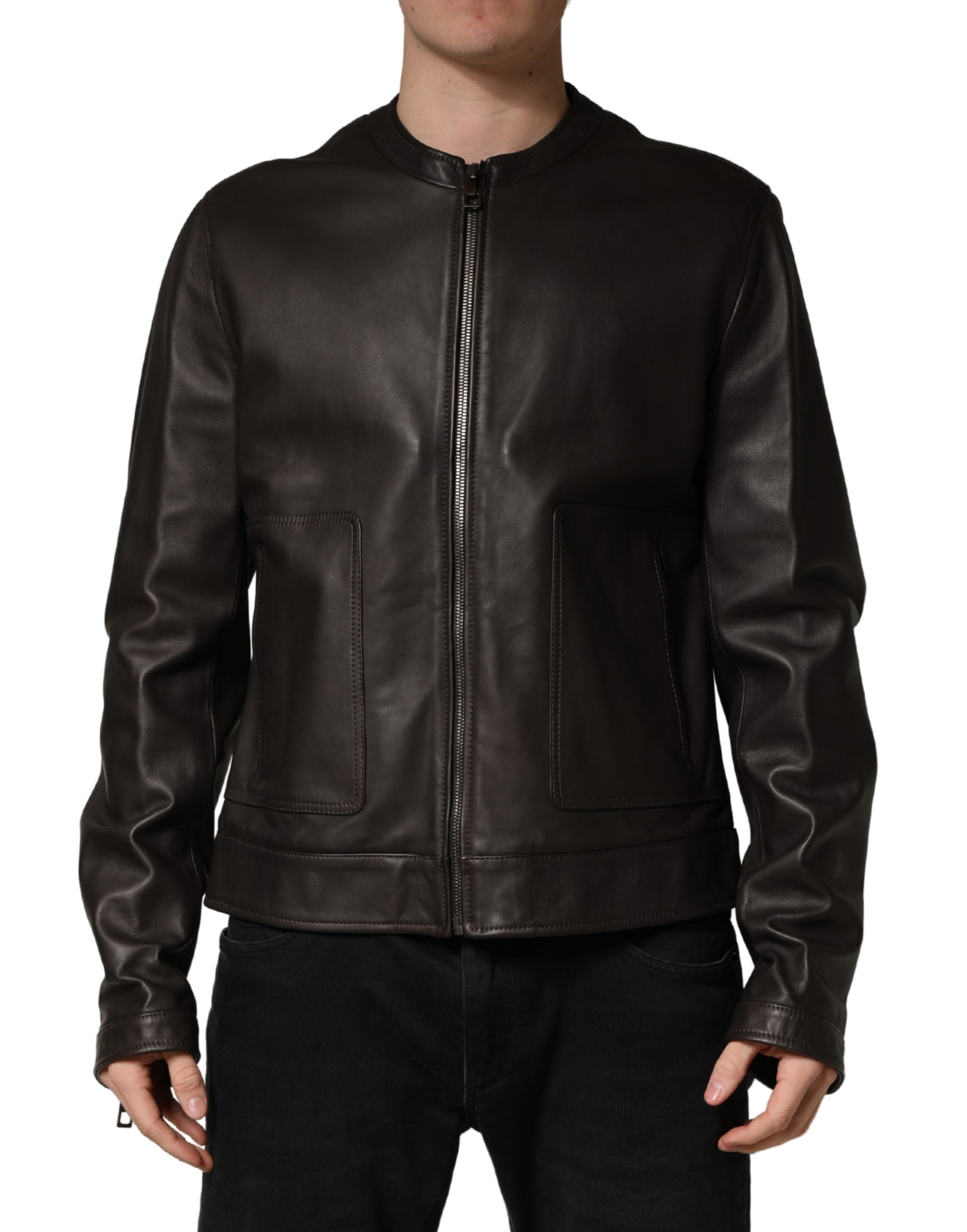 Veste biker noire en cuir d'agneau Dolce & Gabbana avec fermeture éclair intégrale, style élégant et moderne.