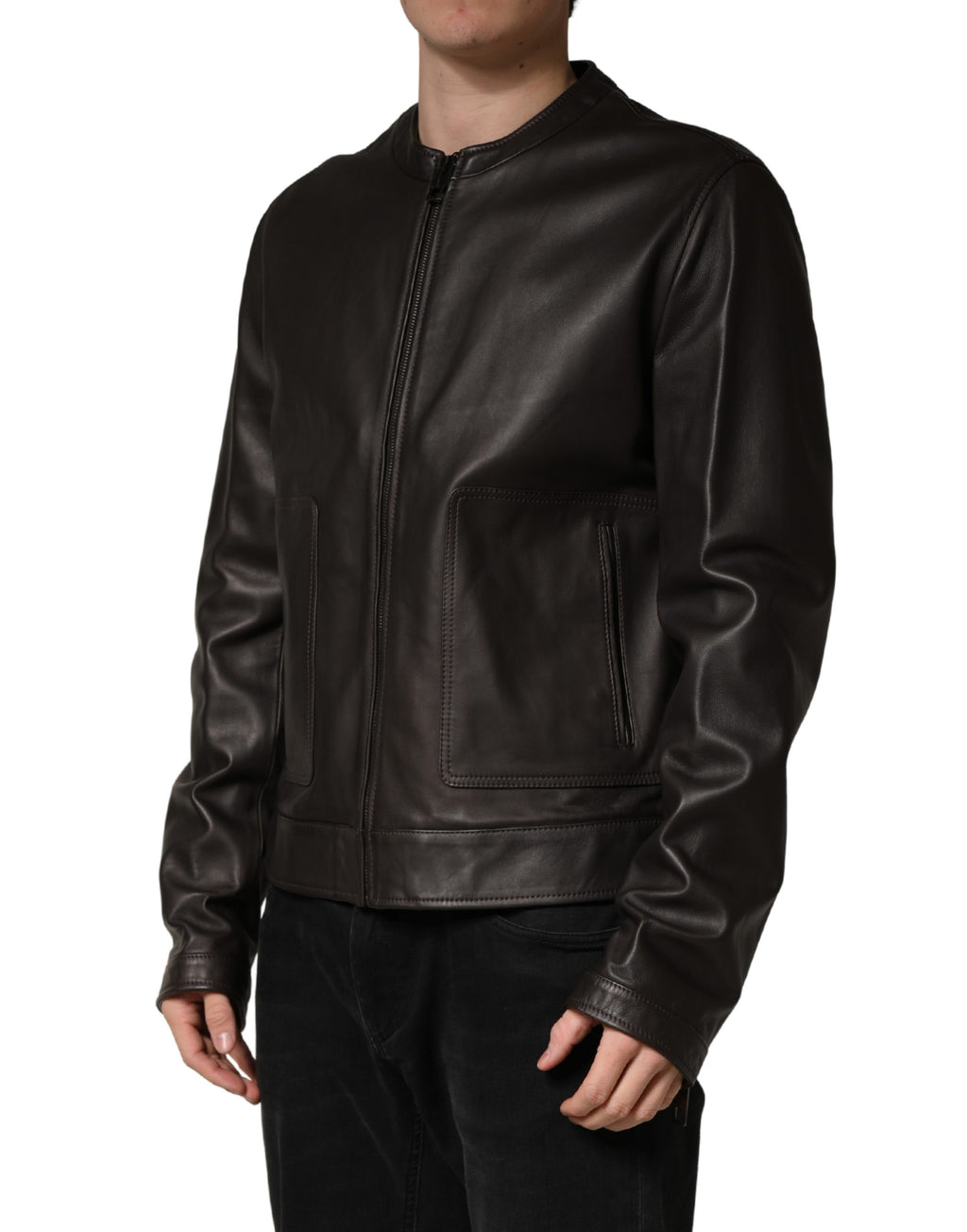 Veste biker en cuir d'agneau noir de Dolce & Gabbana avec fermeture éclair complète, style élégant et moderne.