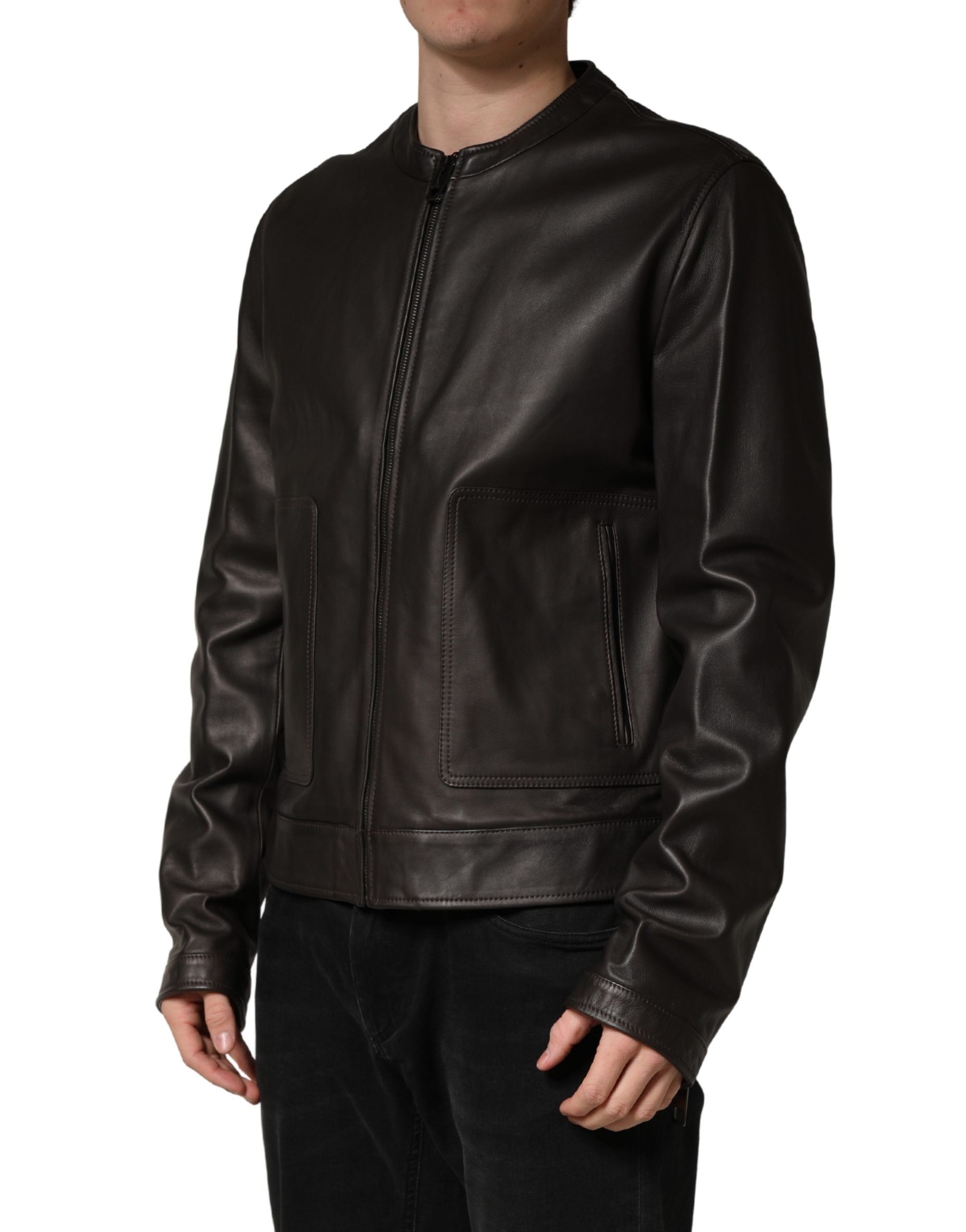 Veste biker en cuir d'agneau noir de Dolce & Gabbana avec fermeture éclair complète, style élégant et moderne.