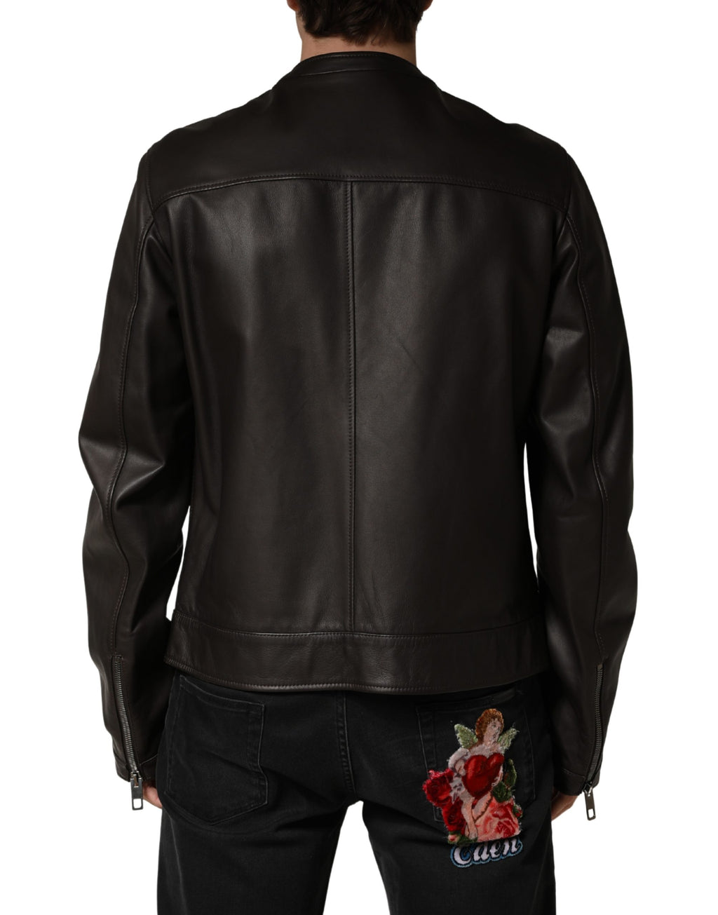 Veste biker en cuir d'agneau noire de Dolce & Gabbana avec fermeture éclair complète, style élégant et moderne.