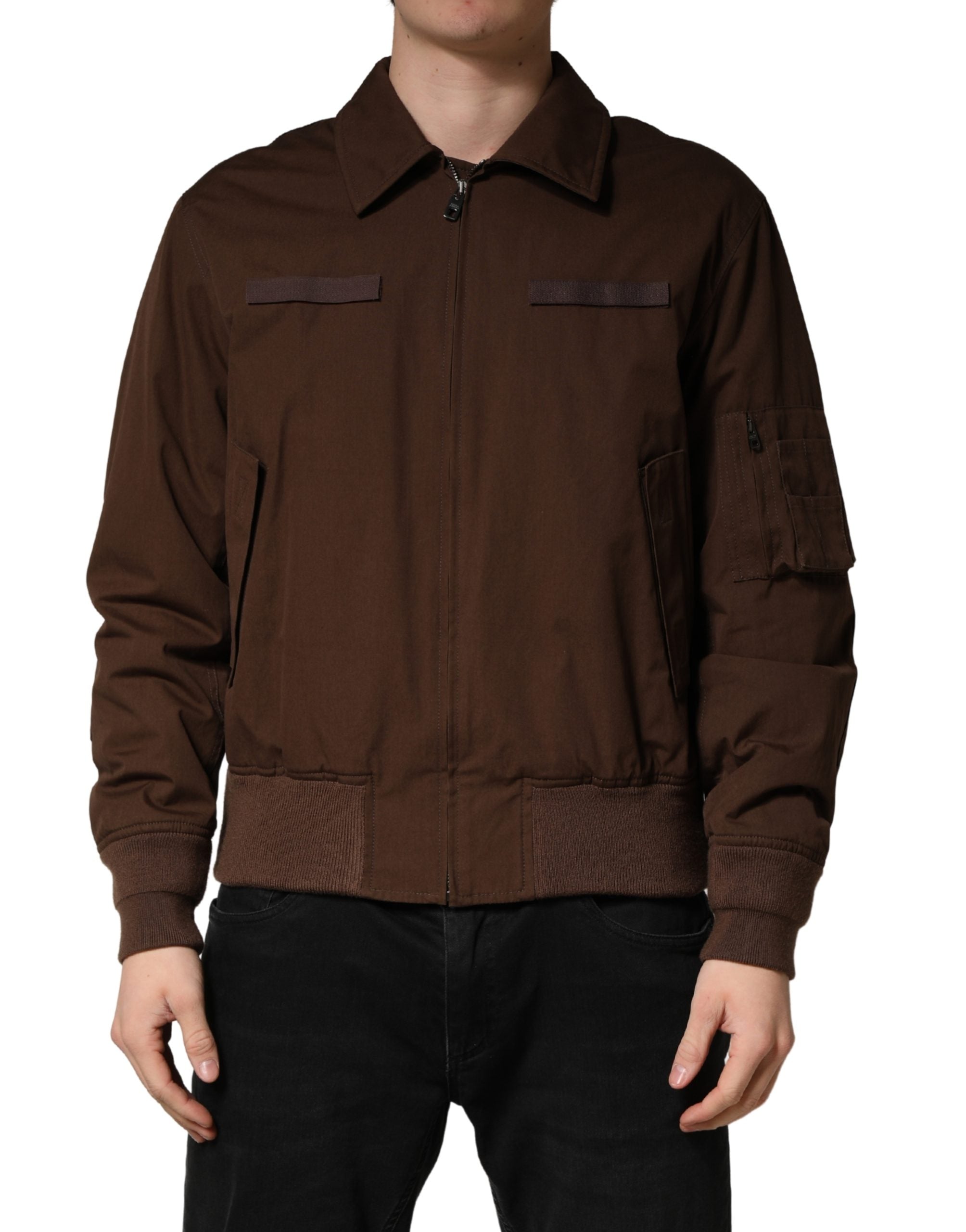 Veste bomber en coton stretch marron de Dolce & Gabbana avec fermeture éclair complète, style élégant et tendance.
