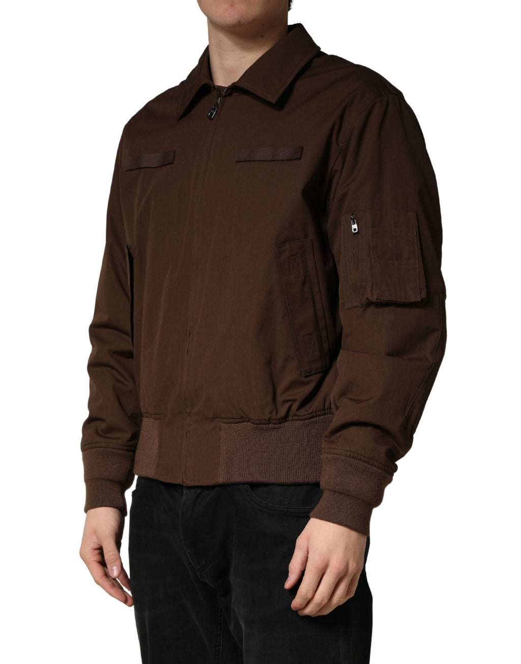 Veste bomber Dolce & Gabbana en coton marron avec fermeture éclair intégrale, style décontracté et élégant.