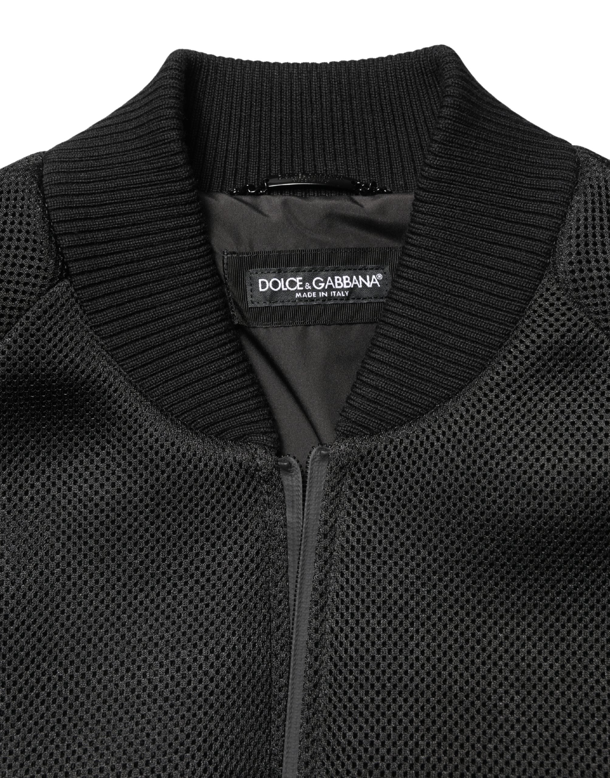 Veste bomber noire en nylon Dolce & Gabbana pour homme, zip complet, style décontracté et moderne.