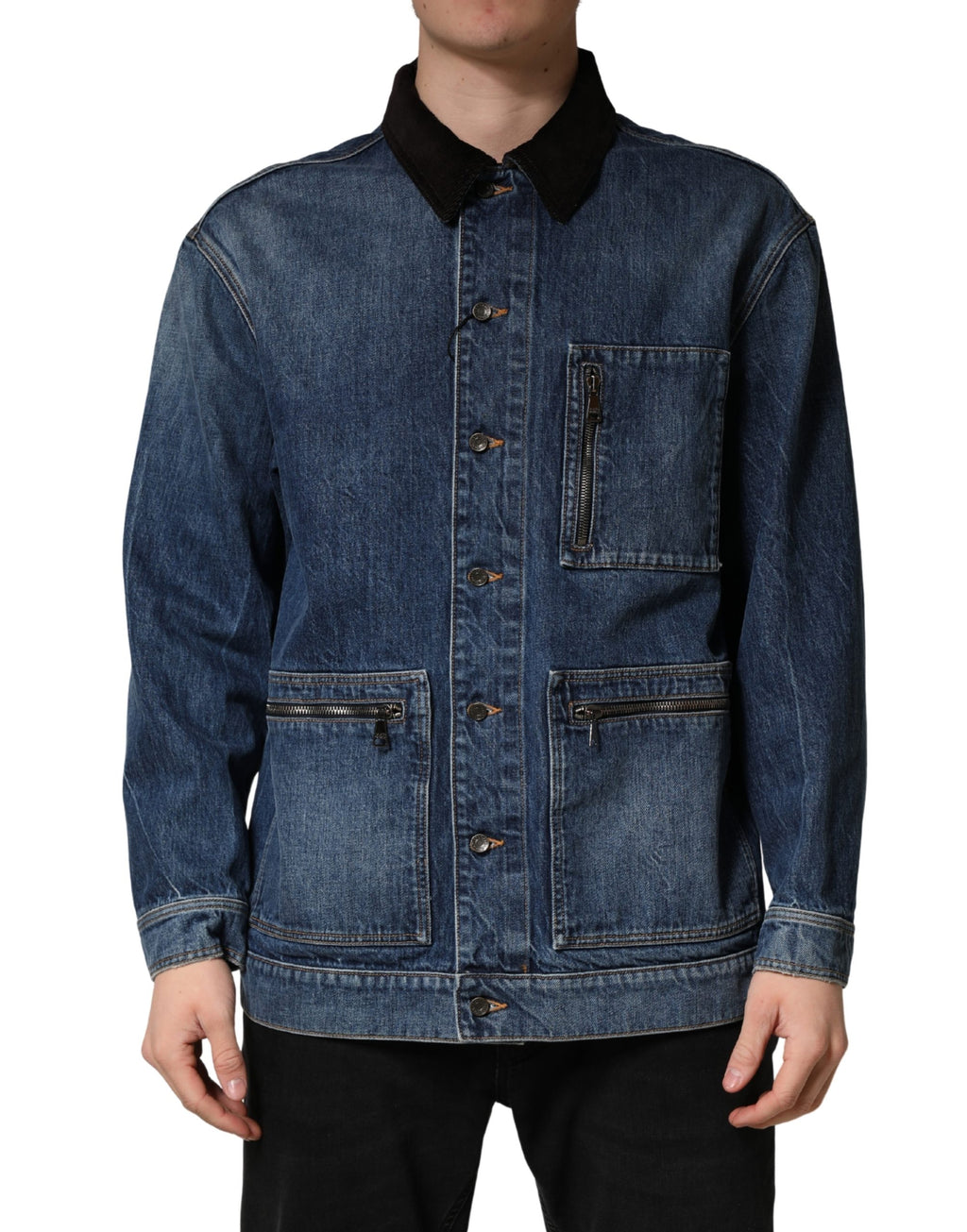 Veste en jean coton noir et bleu Dolce & Gabbana pour homme, style décontracté avec détails modernes.