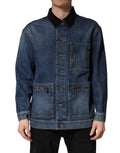 Veste en denim coton noir et bleu Dolce & Gabbana pour homme, style blouson avec poches et fermeture éclair visible.