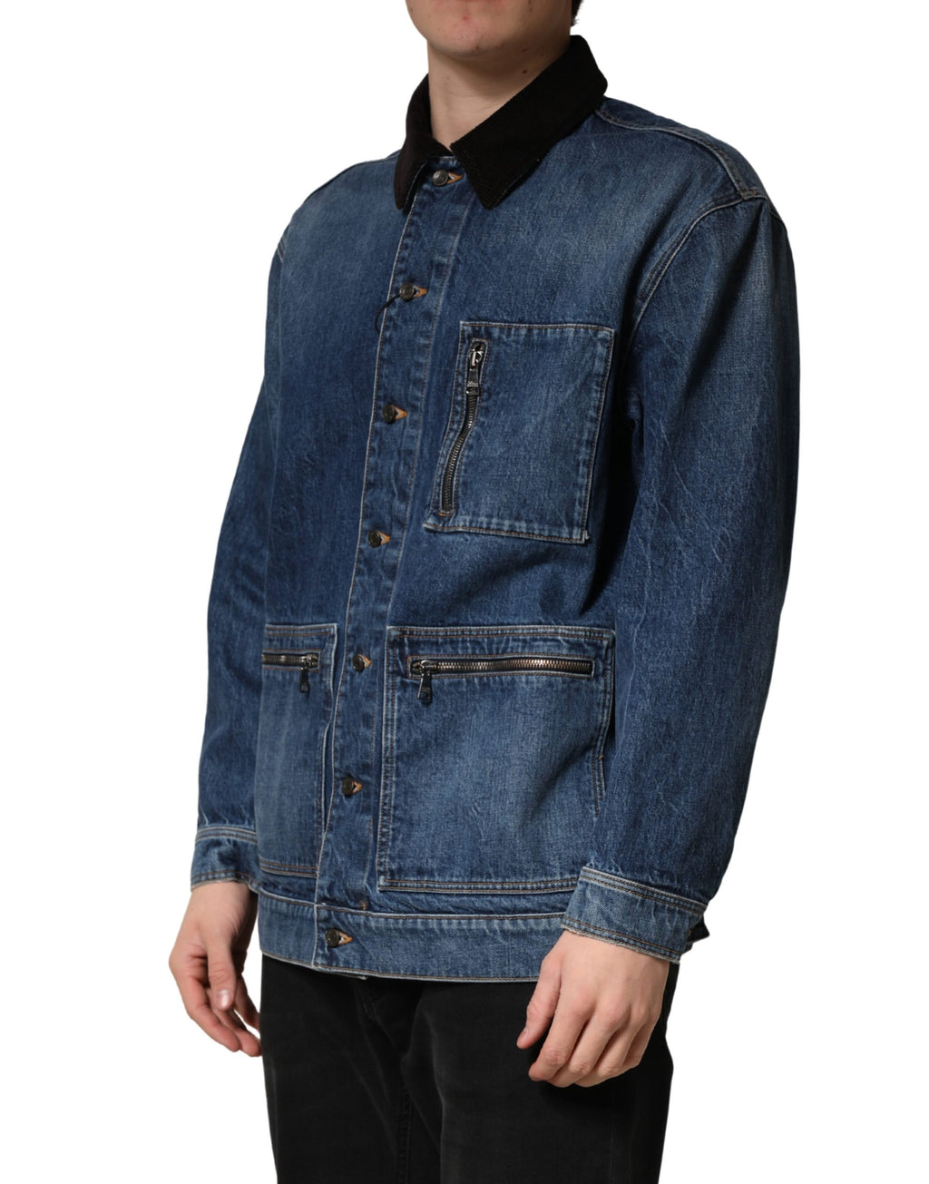 Veste homme Dolce & Gabbana en denim coton noir et bleu, style blouson avec fermeture éclair et col sports.