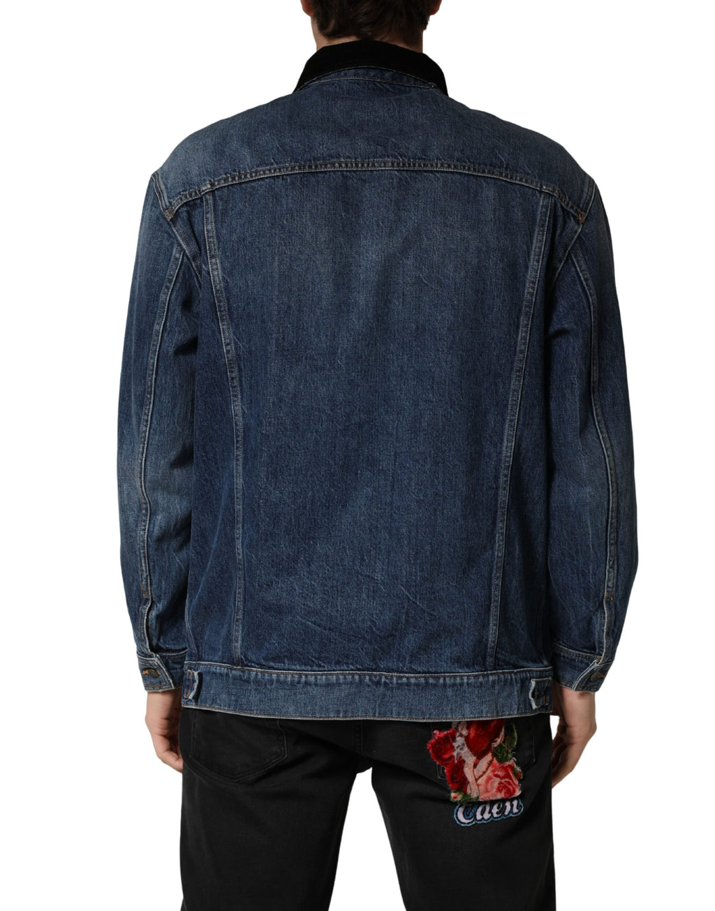 Blouson homme Dolce & Gabbana en denim coton noir et bleu, style décontracté avec fermeture éclair et col montant.