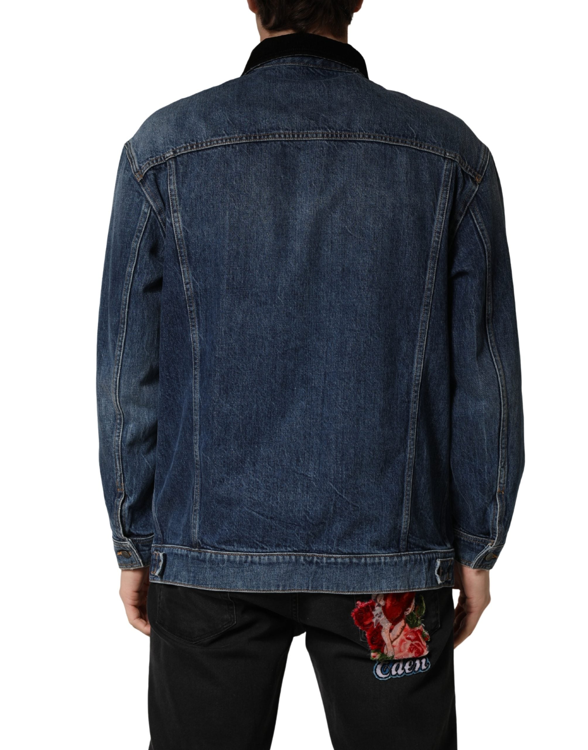 Blouson homme Dolce & Gabbana en denim coton noir et bleu, style décontracté avec fermeture éclair et col montant.