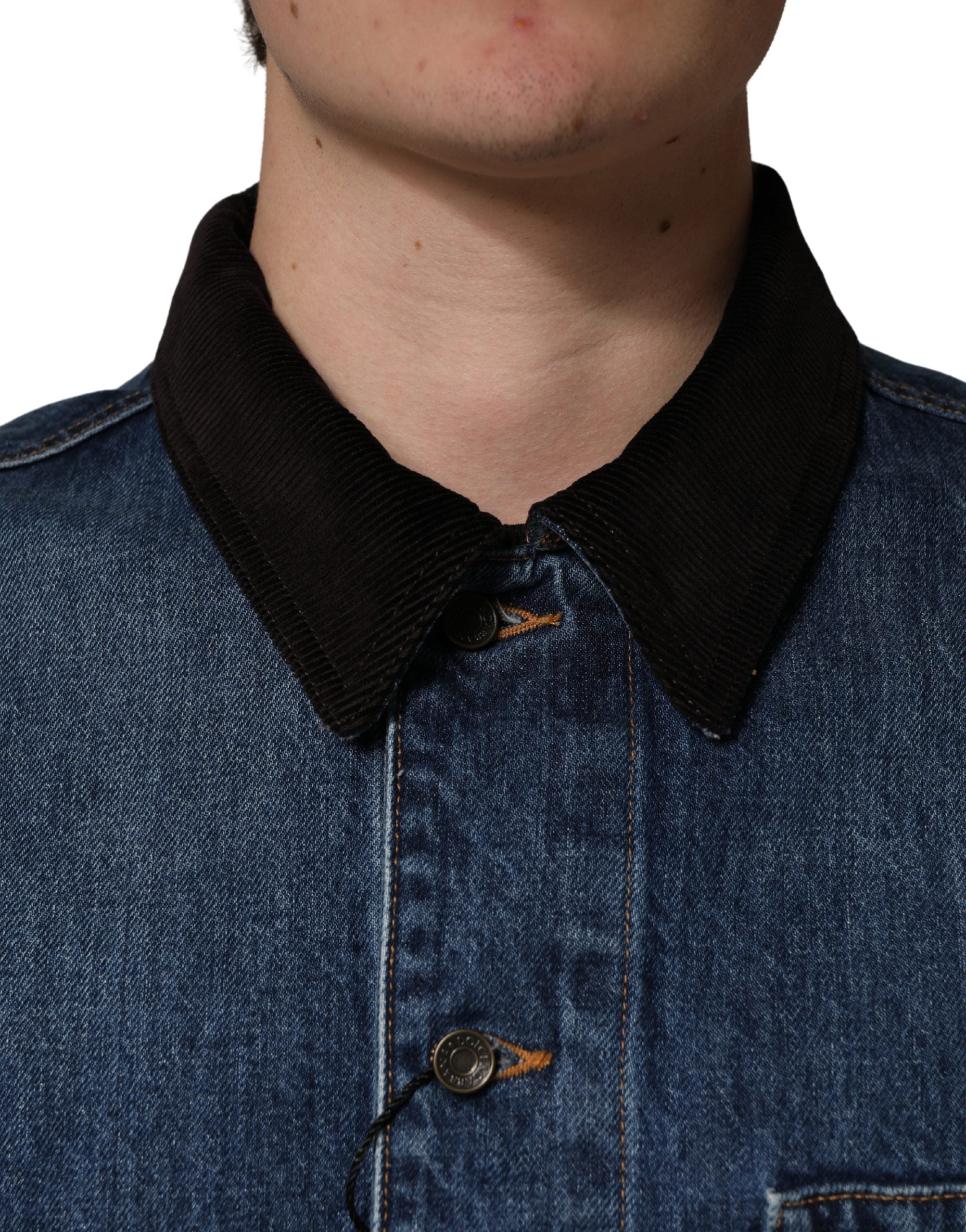 Veste homme Dolce & Gabbana en denim coton noir et bleu, style blouson avec fermeture éclair et col montant.