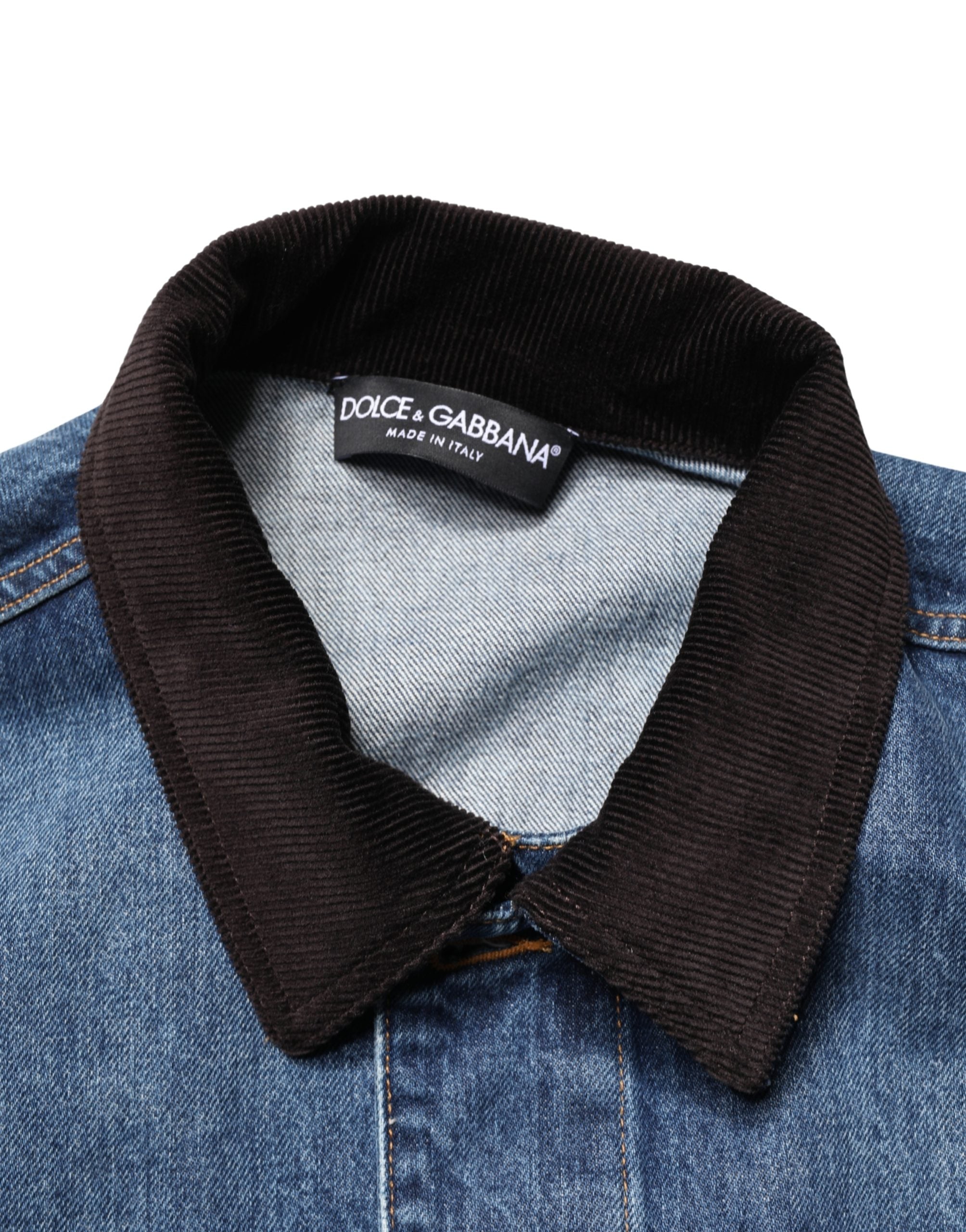 Blouson homme Dolce & Gabbana en denim coton noir et bleu, style décontracté avec fermeture éclair et poches frontales.