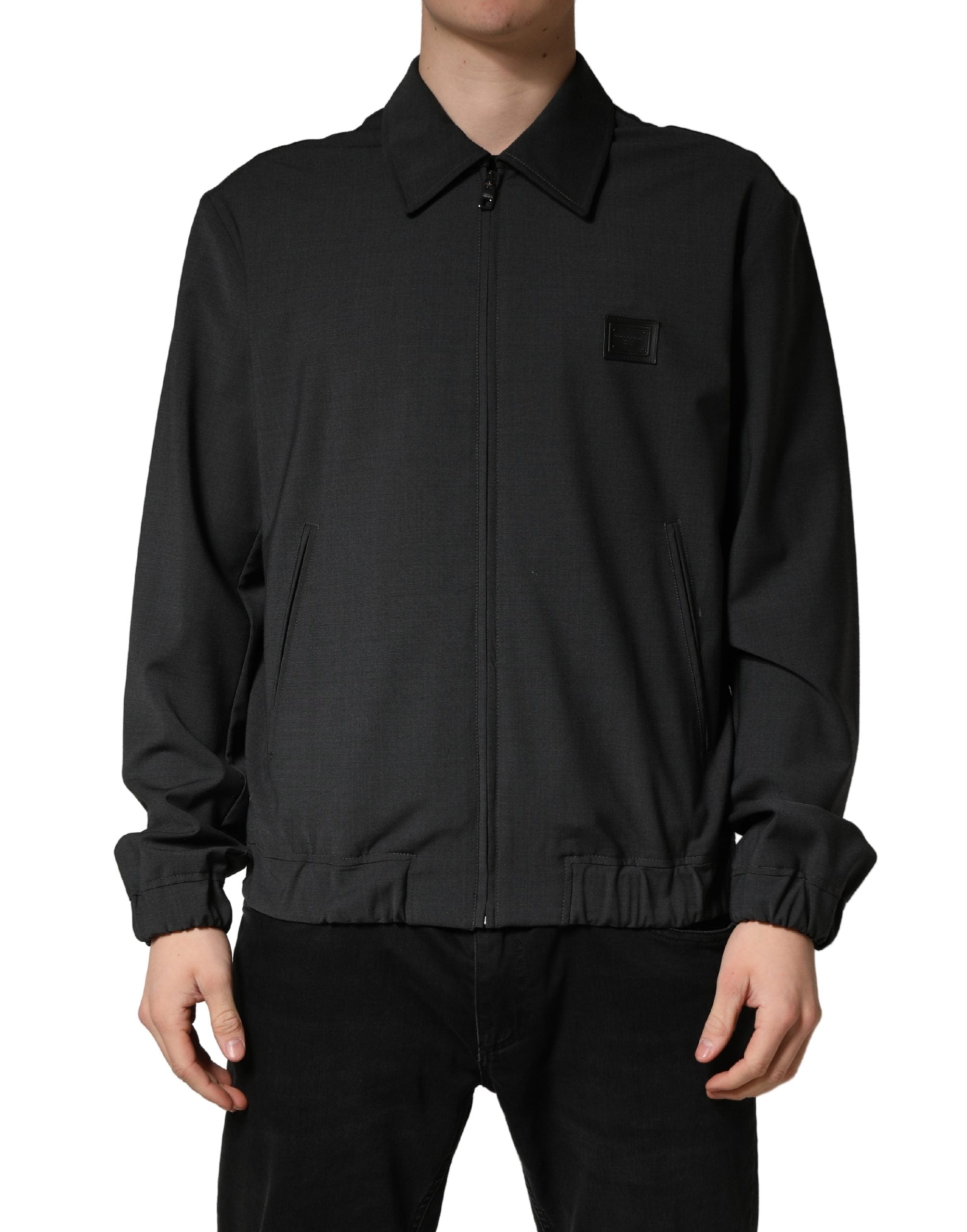 Veste bomber noire en laine Dolce & Gabbana avec logo, fermeture éclair complète, pour homme, détails visibles sur l'image.