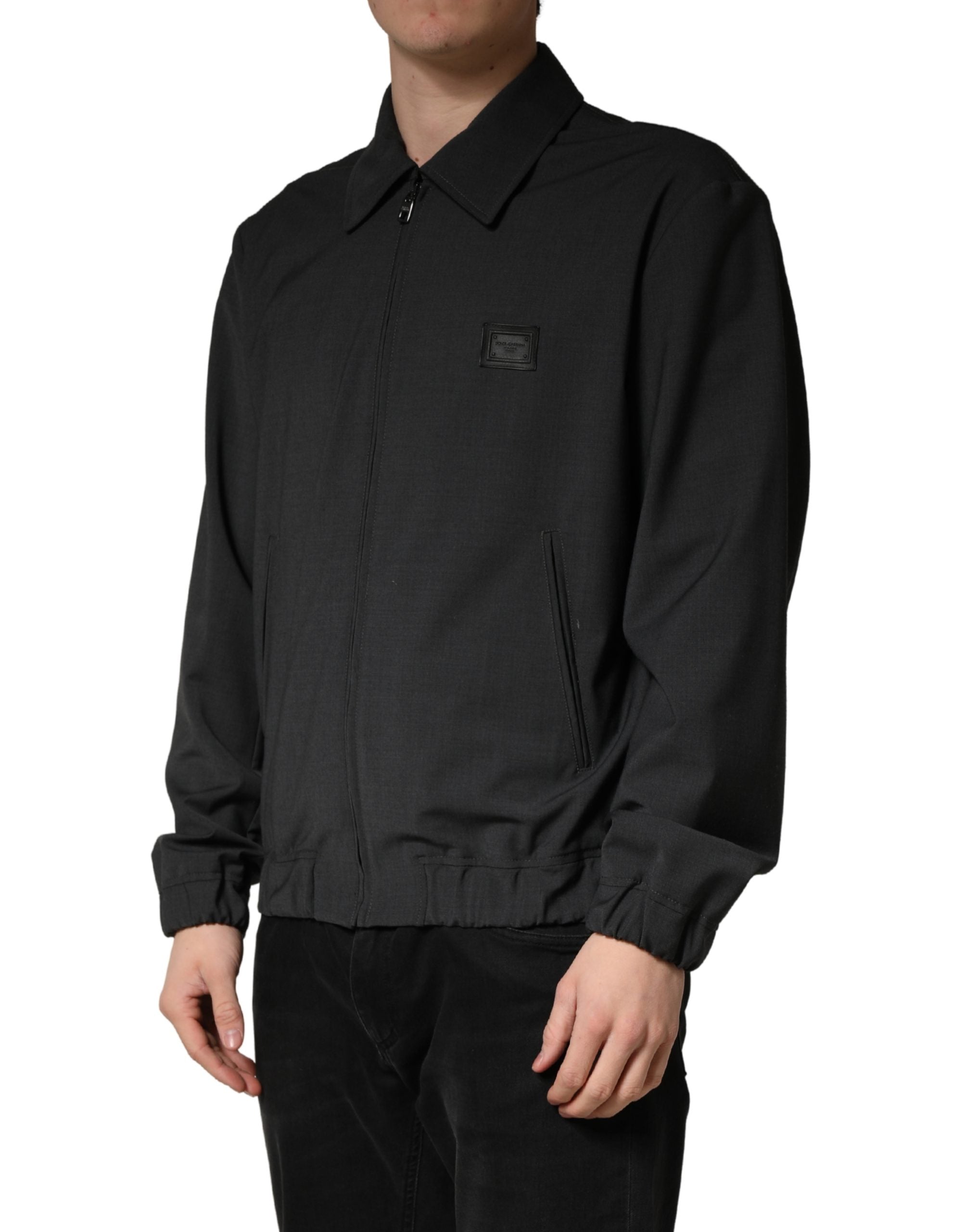 Veste bomber pour homme Dolce & Gabbana en laine noire avec logo, zip complet, style classique et élégant.