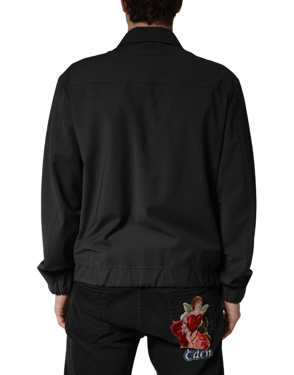 Veste bomber homme Dolce & Gabbana en laine noire avec logo, fermeture éclair complète, style décontracté et élégant.