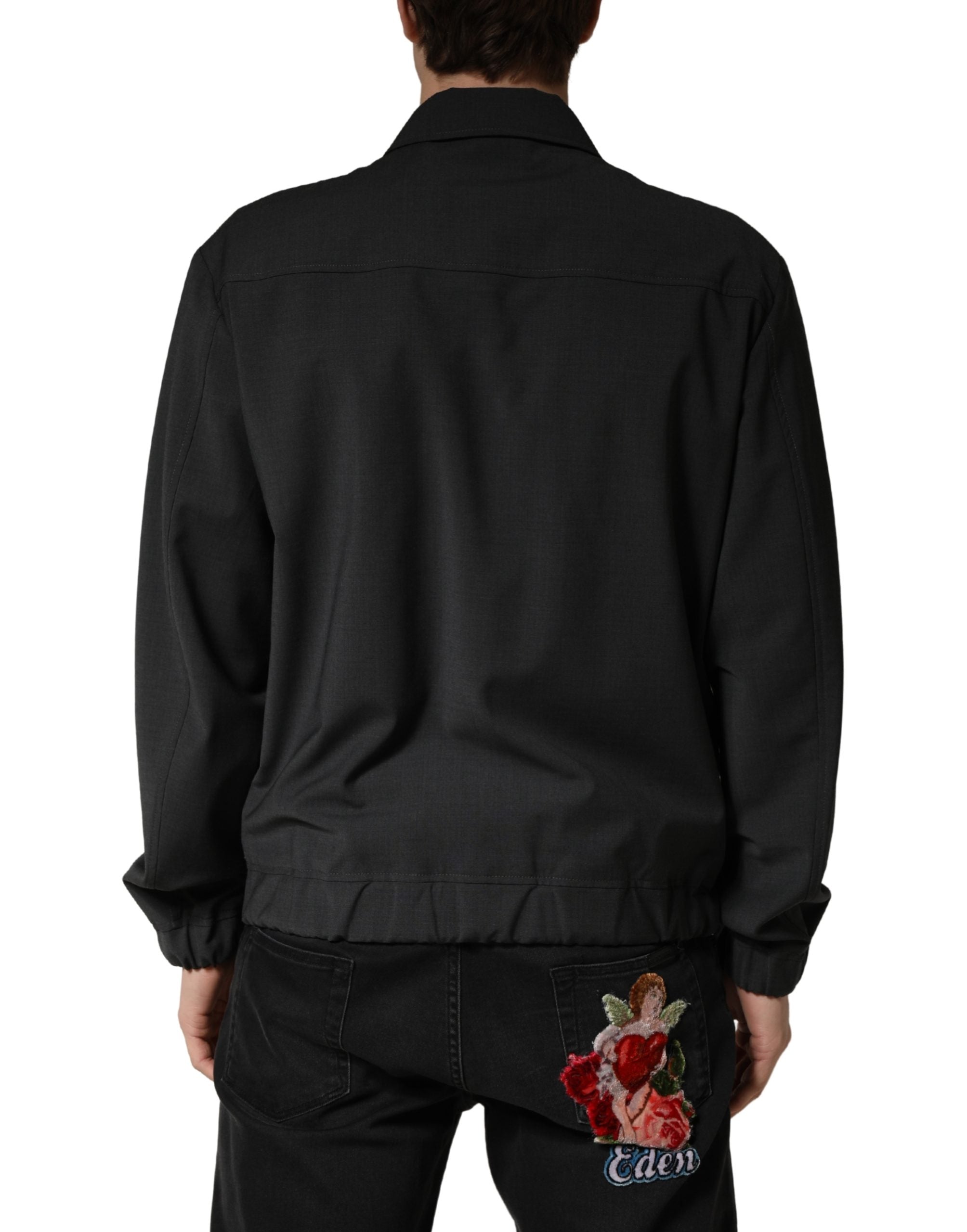 Veste bomber homme Dolce & Gabbana en laine noire avec logo, fermeture éclair complète, style décontracté et élégant.