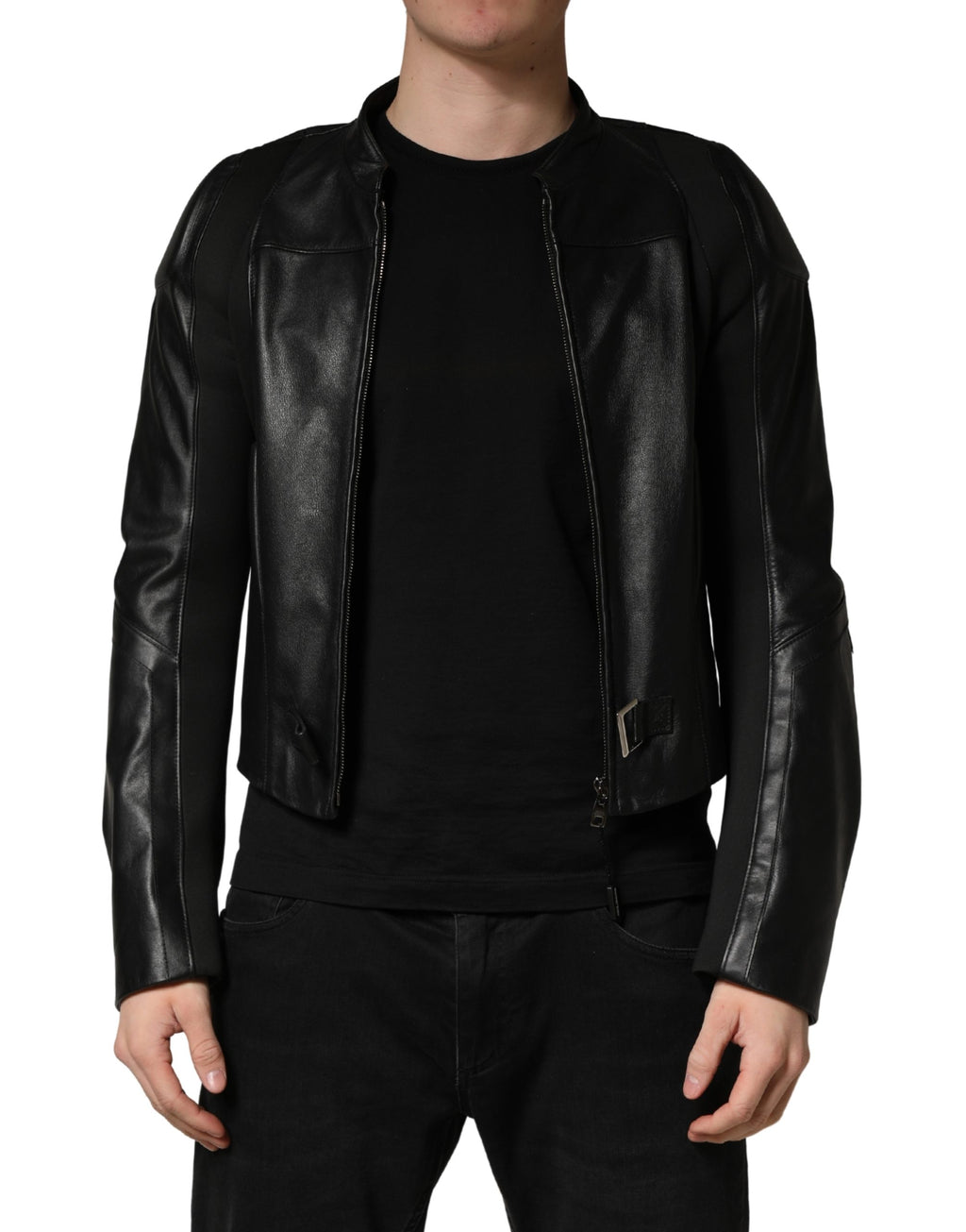 Veste homme noire en nylon Dolce & Gabbana à fermeture éclair complète, style moto avec col montant et poches latérales.