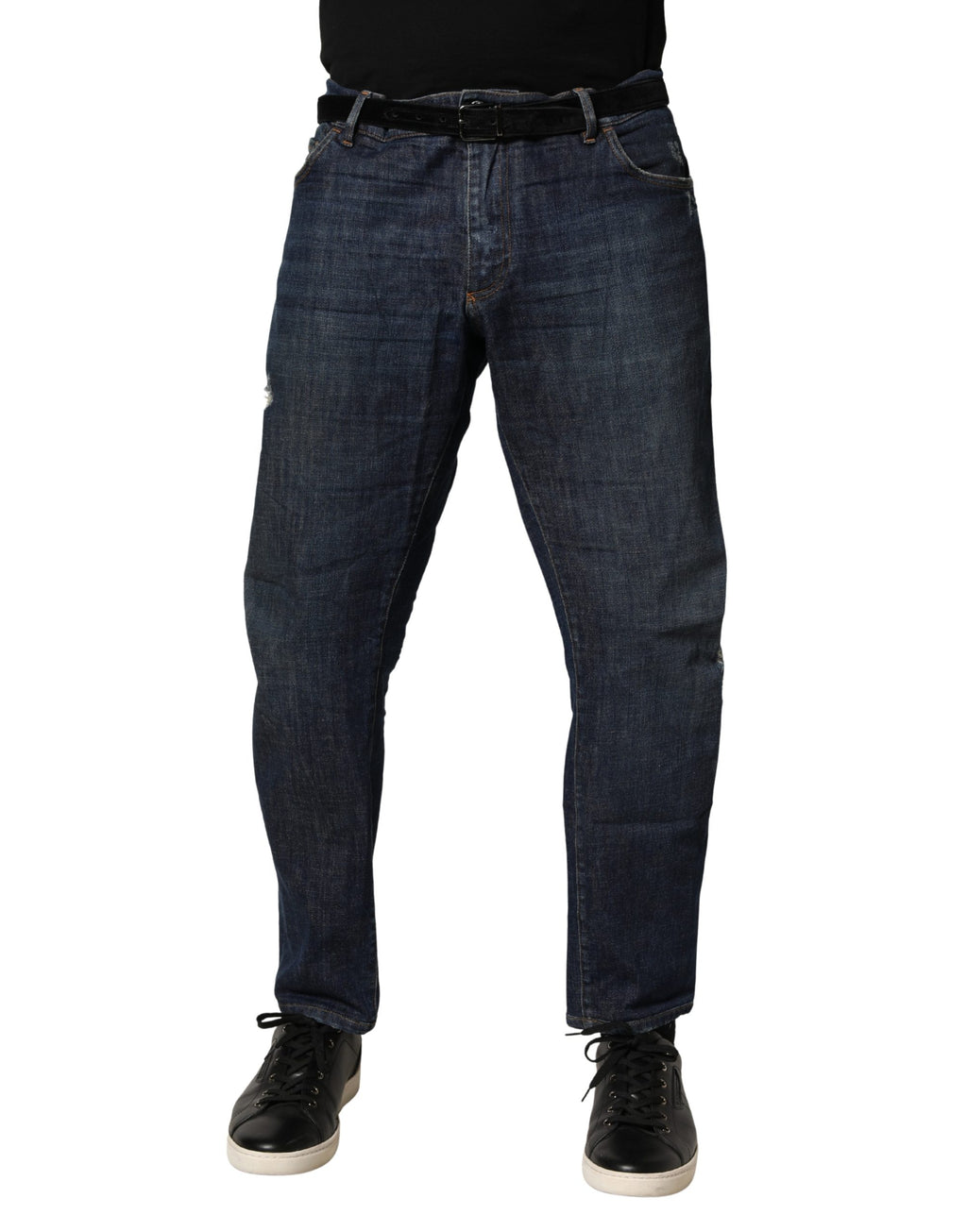 Jeans slim en denim coton bleu foncé délavé de Dolce & Gabbana, vue de face.
