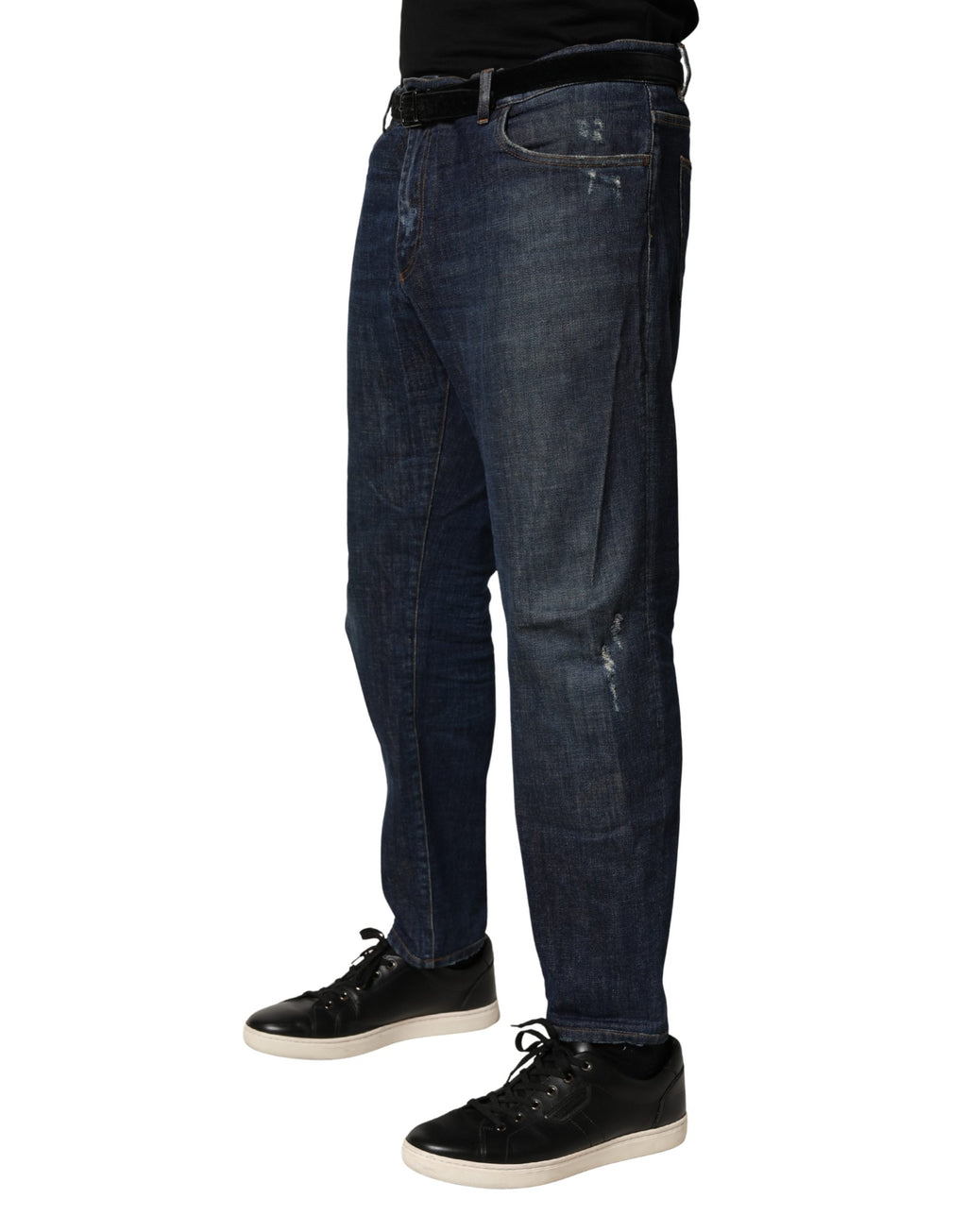 Jeans skinny en denim coton bleu foncé délavé de Dolce & Gabbana, coupe ajustée et détail de couture visible.