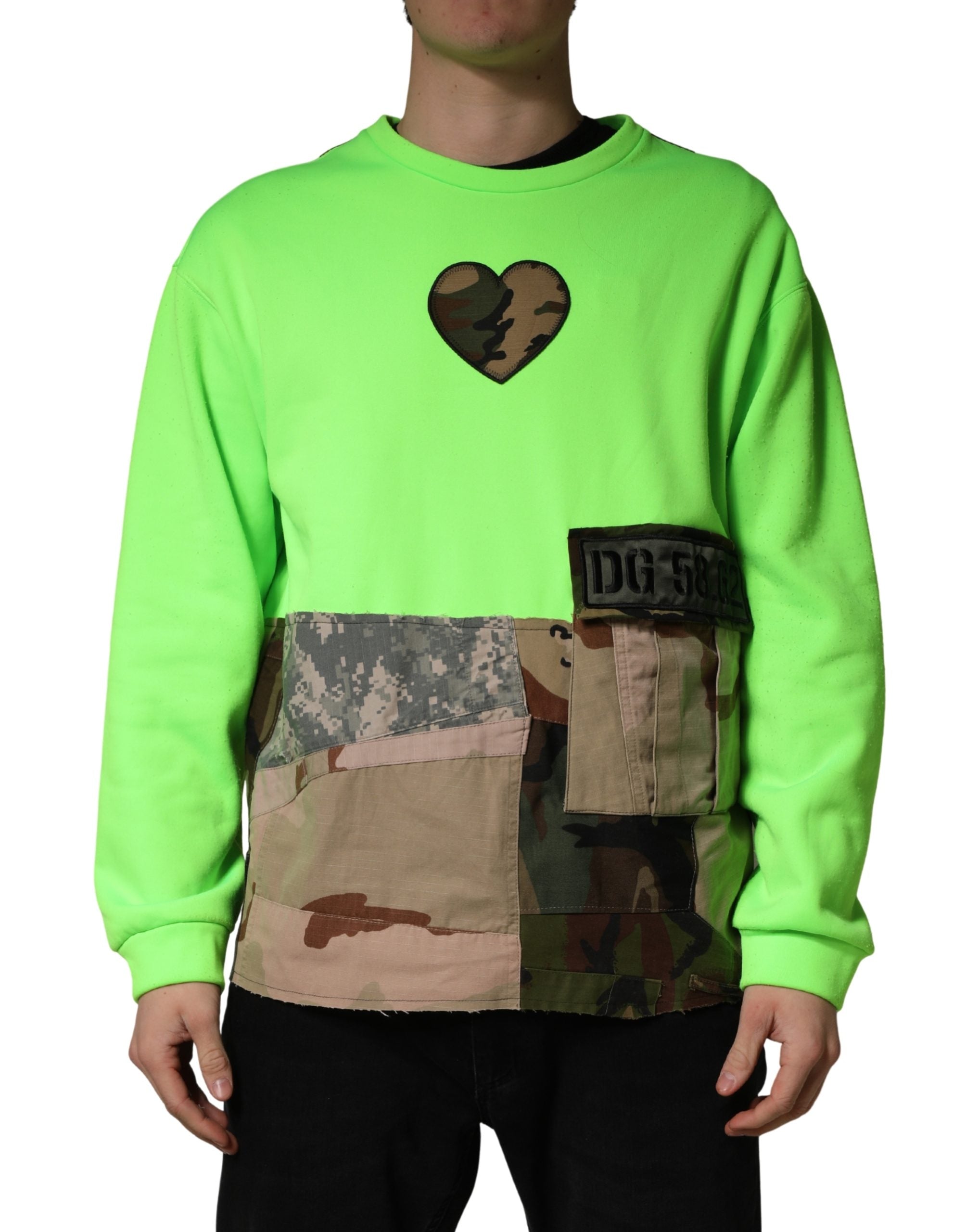 Sweatshirt Dolce & Gabbana vert patchwork avec cœur pour homme, pull décontracté en coton avec motif coloré.