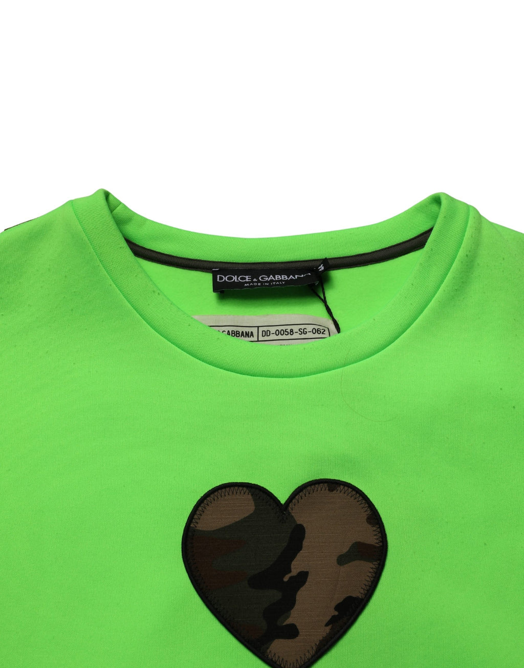 Sweat-shirt homme Dolce & Gabbana en patchwork vert avec motif cœur, pull en coton à manches longues et col rond.
