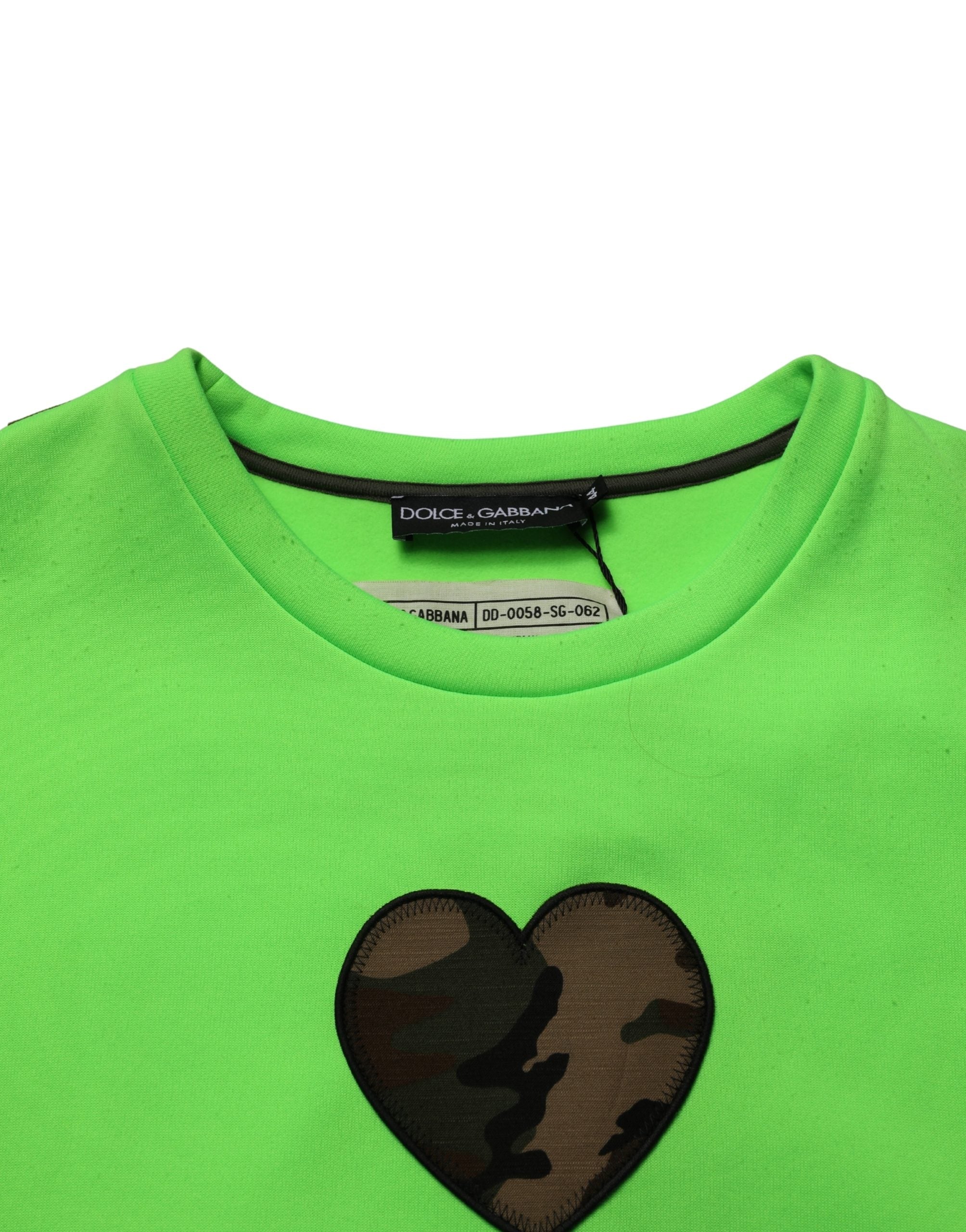 Sweat-shirt homme Dolce & Gabbana en patchwork vert avec motif cœur, pull en coton à manches longues et col rond.