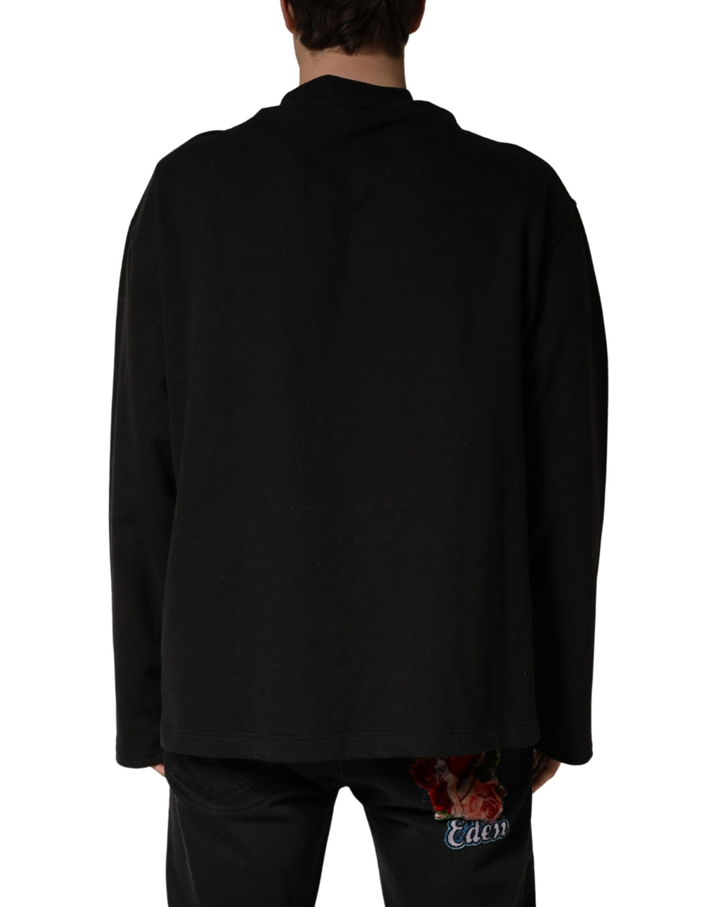 Sweatshirt noir en coton Dolce & Gabbana avec col rond, vue de face. Vêtements décontractés pour homme.
