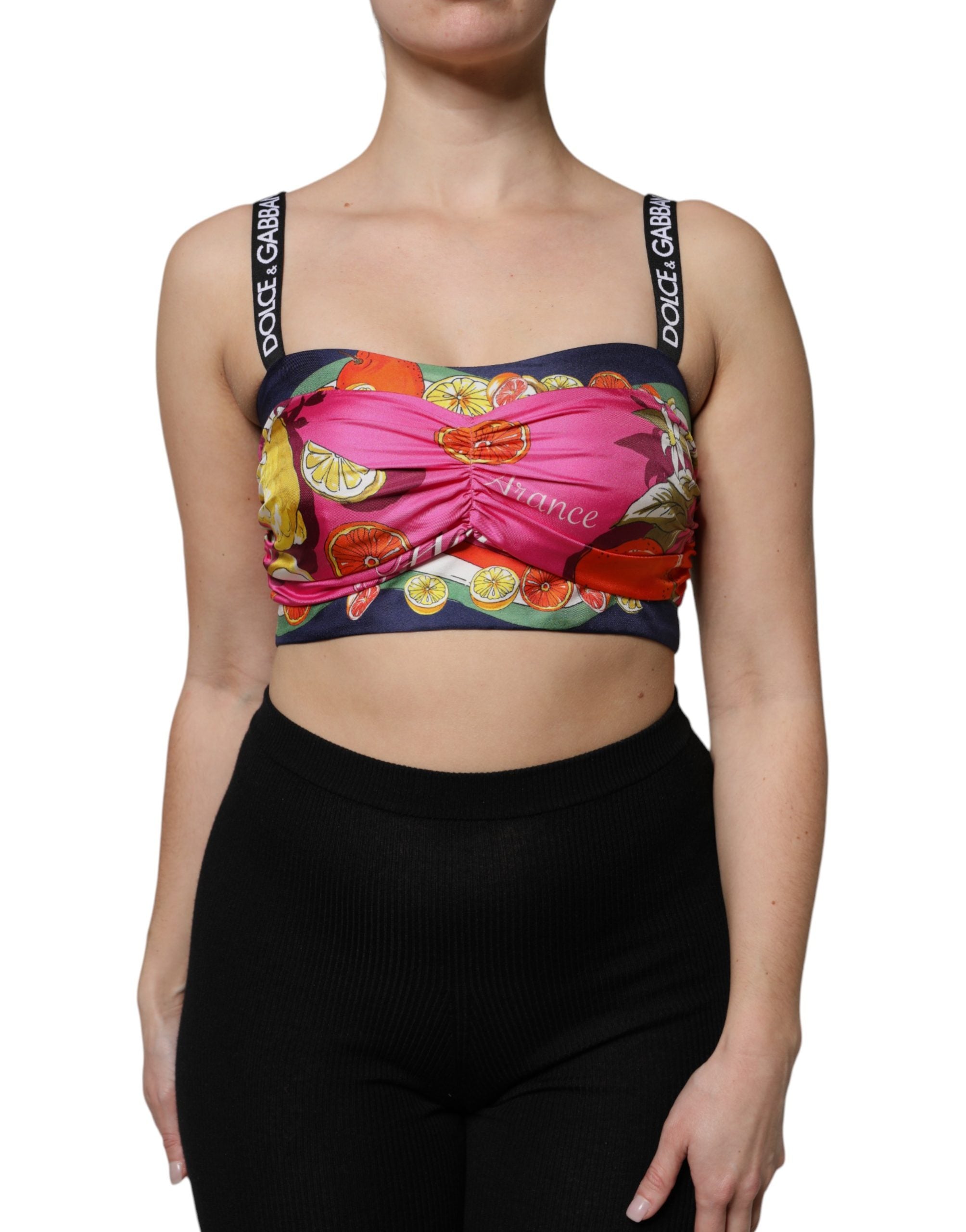 Corset crop top en soie multicolore de Dolce & Gabbana, ajusté et élégant, visible dans l'image.