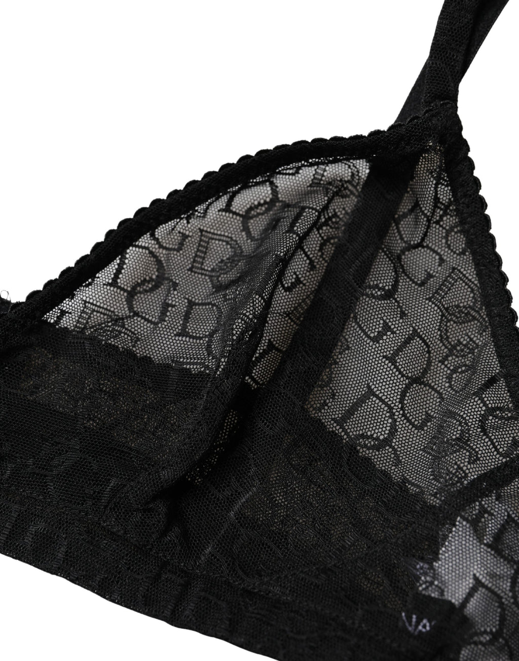 Soutien-gorge noir Dolce & Gabbana Logo Mania en dentelle transparente et douce, avec cups souples et logo visible.
