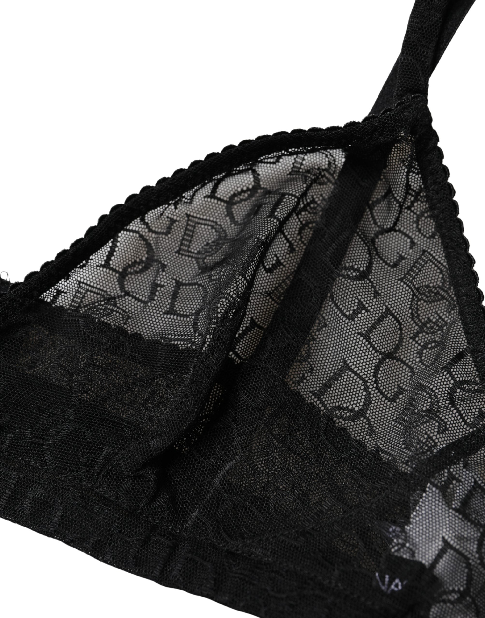 Soutien-gorge noir Dolce & Gabbana Logo Mania en dentelle transparente et douce, avec cups souples et logo visible.