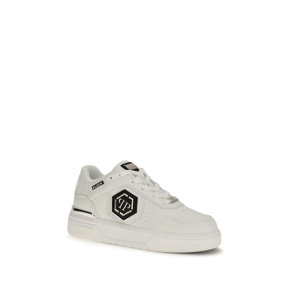 Sneakers Philipp Plein en cuir de veau blanc Bos Taurus, chaussures de sport élégantes et confortables pour hommes.