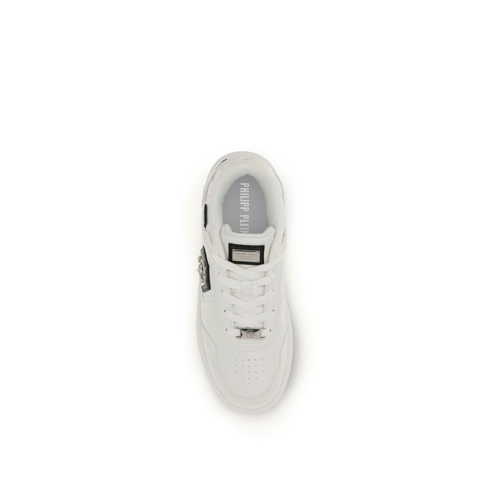 Sneakers athlétiques blanches en cuir de veau Philipp Plein Bos Taurus, élégantes et confortables, pour un style sportif sophistiqué.