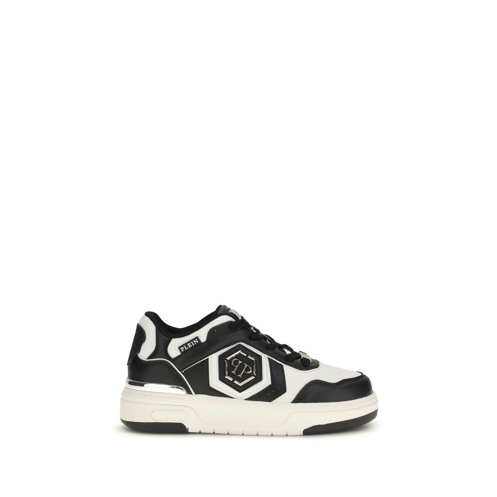 Baskets Philipp Plein en cuir de veau noir Bos Taurus, sneakers athlétiques modernes et tendance.