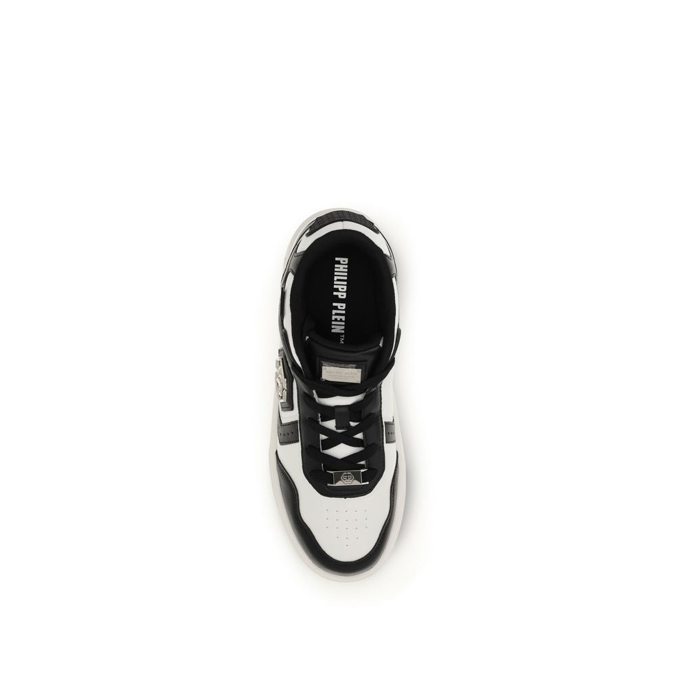 Sneakers Philipp Plein en cuir de veau noir Bos Taurus, style athlétique avec design moderne et détails en relief.