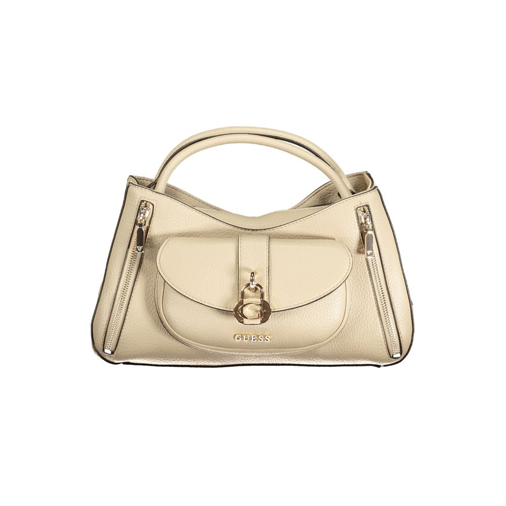 Sac à main beige en polyuréthane Guess Jeans pour femmes, avec poignées et design élégant visible sur l'image.