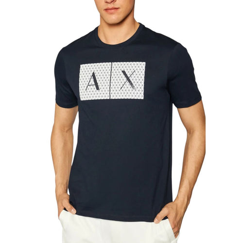 T-shirt en coton bleu de la marque Armani Exchange, vue de face, avec col rond et logo discret sur la poitrine.