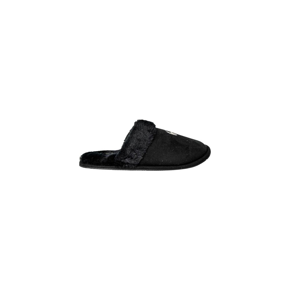 Chaussons en polyester noir Ralph Lauren, confortables et élégants, avec logo Ralph Lauren visible sur la surface.